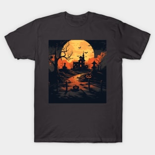 Spooky Halloween: Haunted House and Pumpkins T-Shirt